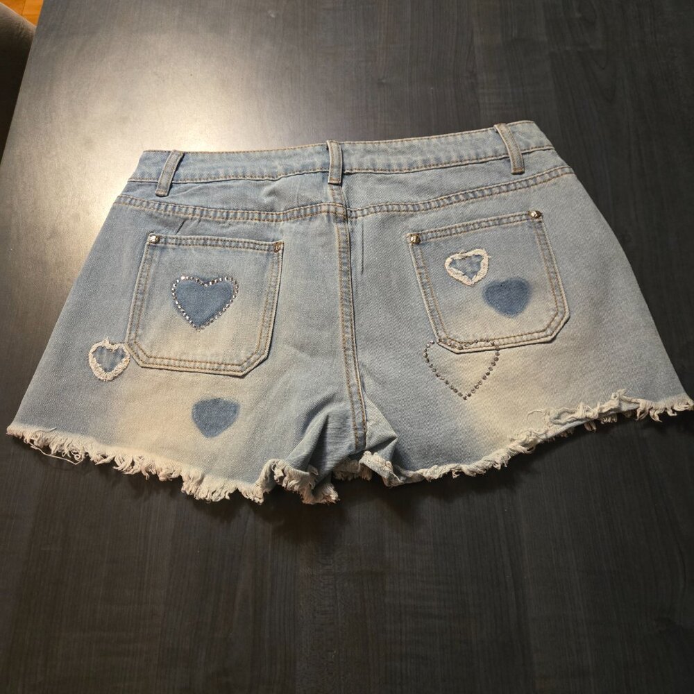 NEW 2026 Heart Patchwork rhinestone Denim Jean Shorts - Picture 4 of 6